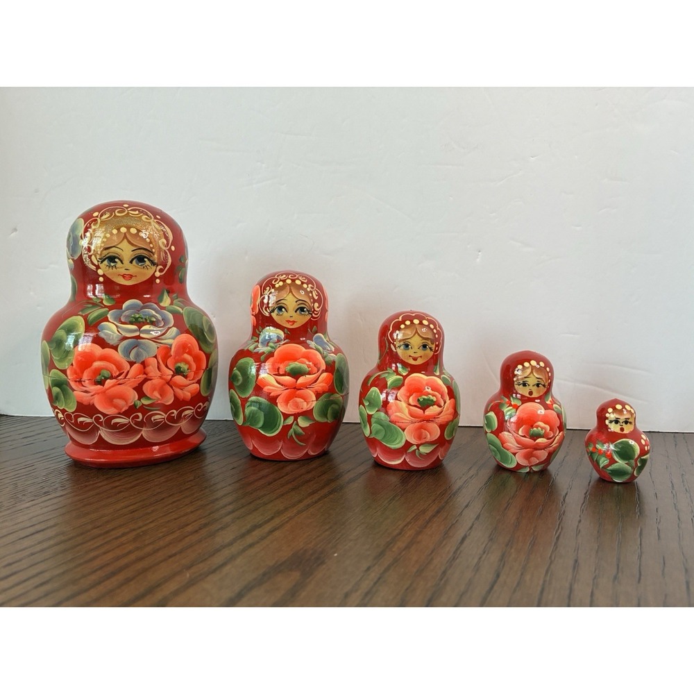 Set Of 5 Matryoshka Wooden Russian Nesting Dolls Vintage Red Pink Floral Signed